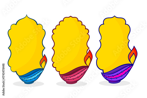 A versatile vector collection of three traditional Diwali diyas (oil lamps) in various vibrant colors (blue, red, purple) with decorative yellow flame areas designed for custom text or graphics.