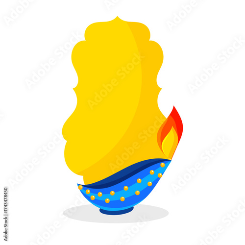 A colorful vector illustration of a traditional Diwali diya or oil lamp in blue and gold, with an abstract yellow flame element serving as a text or design placeholder.