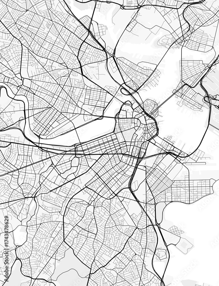 Naklejka premium Boston City Map. Minimalist black and white line art poster for printing, wallpaper, wall art for home and office decor