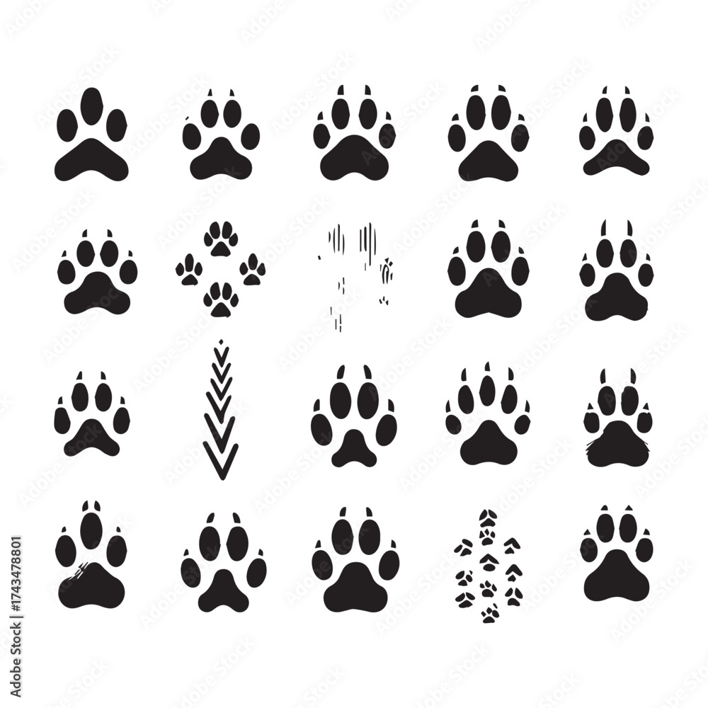 Fototapeta premium Grid of twenty black animal paw prints and abstract graphic symbols on a white background footprint