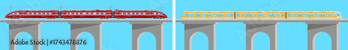 Red high speed train and yellow subway metro train on concrete railway bridge. Public transport and city mass transit concept.