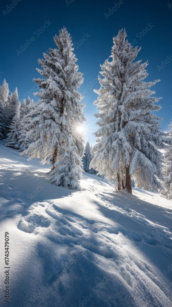 Obraz premium Whispering pines: a snow-kissed sunrise in the carpathian mountains. Large format. A winter's palette: glittering snow and sunrise in the carpathians. Professional photo. Modern style.