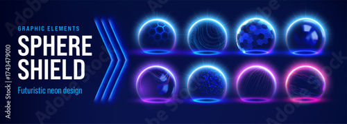 Shield sphere with protective dome effect and 3D glass barrier textures. Blue energy grid patterns or hexagon force fields for game backgrounds. Holographic bubble surfaces or geometric plasma.