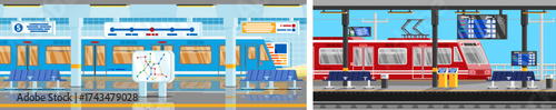 Underground metro and railway train stations set. Public urban transport concept. Suburban commuter rail and modern subway platform.