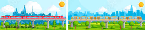 Two trains travel on an elevated railway with sky, city silhouette, and green park. Urban transport system for modern city infrastructure.
