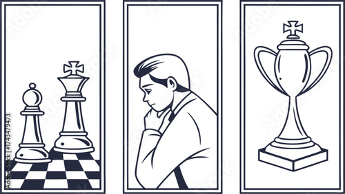 Chess strategy, intelligence, and triumph concept art. A young thinker contemplates moves to win the trophy. Success after mental effort