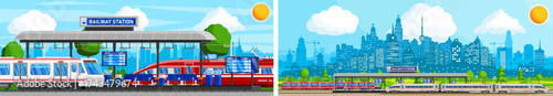 Railway station with modern train and cityscape background. Public transport infrastructure. Commuting and travel concept.