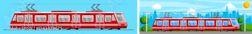 Modern red train and metro subway car with city skyline. Urban transportation vehicle passing through landscape. Commuter travel concept.