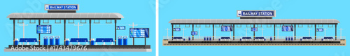 Empty railway station platform with benches, ticket machines, and information screens. Public transportation hub for urban travel.
