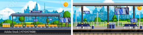 Two subway station platforms for urban public transport. City train platform terminal for passenger arrival. Metropolitan transportation.