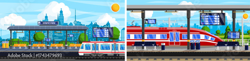 City public transport station platforms set. Subway and train station with city background. Urban metro and railroad transport. Travel illustration.