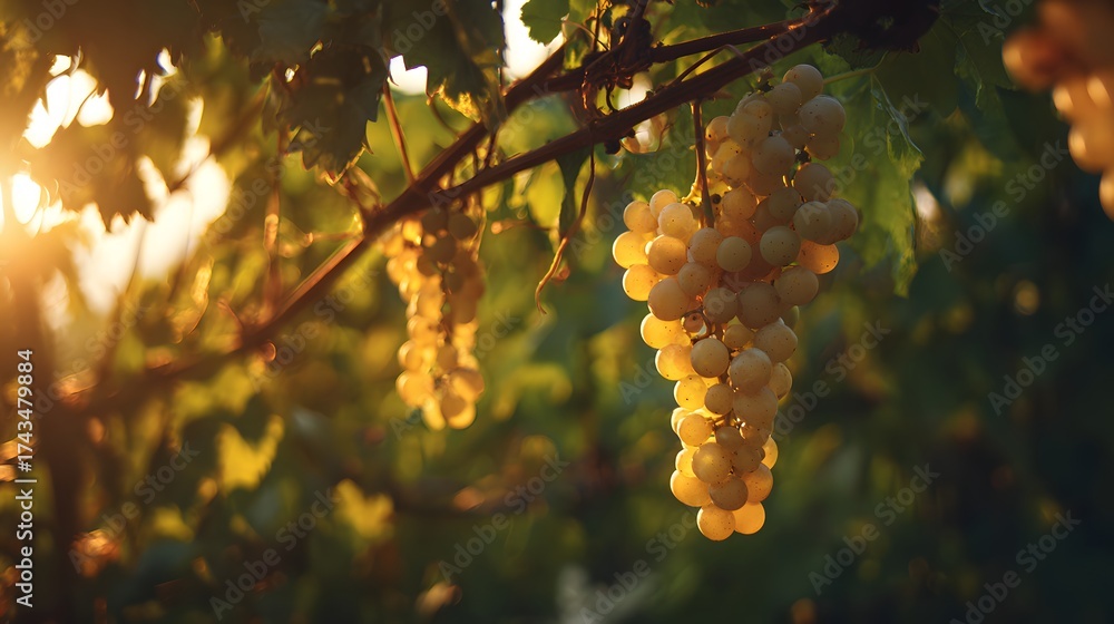 Fototapeta premium Ripe, golden grapes hang gracefully from a vine in a sun-drenched vineyard, their clusters illuminated by warm sunlight creating a beautiful display of nature's bounty, with vibrant green leaves...