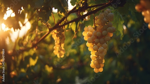 Ripe, golden grapes hang gracefully from a vine in a sun-drenched vineyard, their clusters illuminated by warm sunlight creating a beautiful display of nature's bounty, with vibrant green leaves...