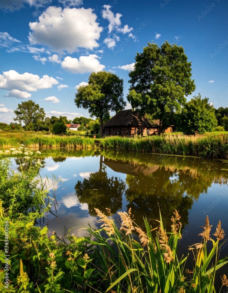 Obraz premium Rustic pond scene under a summer sky