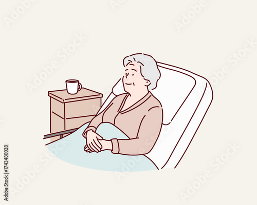 Smiling Elderly Grandmother Resting in Hospital Bed for Nursing Care and Recovery Hand drawn style vector design illustrations.