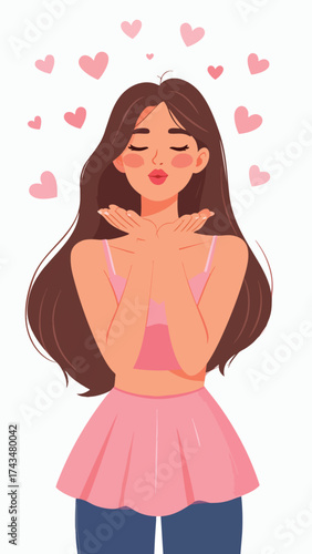 A young woman with long brown hair blows kisses, surrounded by floating pink hearts.