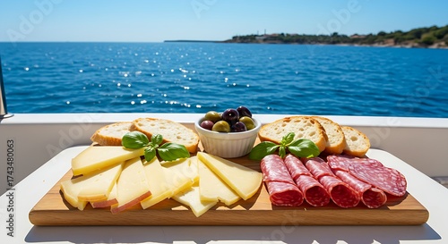 Enjoy delicious cheese, salami, and olives on a boat with breathtaking ocean views under the bright sun, ideal for luxury travel and culinary experiences