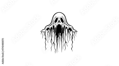 A spooky ghost illustration with a skull face and dripping tendrils in black and white