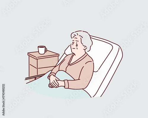 Crying Elderly Grandmother Lying in Hospital Bed with Emotional Nursing Care Scene Hand drawn style vector design illustrations.