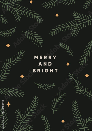 Christmas and New Year card. Festive greeting poster design with conifer branches, stars, fir sprigs frame, vertical background with typography. Winter holiday postcard. Flat vector illustration