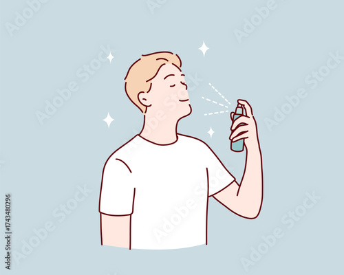 Man spraying face mist skincare grooming routine Hand drawn style vector design illustrations