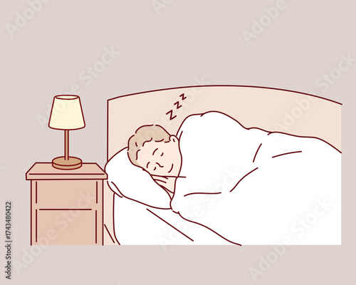Relaxed Man Sleeping Comfortably in Bed with Blanket in Master Bedroom.Hand drawn style vector design illustrations.