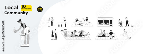 Local community lifestyle outline illustrations mega bundle. Picnic, coffee shop. Diverse people engaging in daily activities 2D linear images isolated. Collection black and white vector drawings