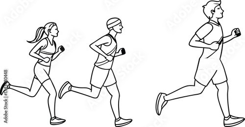 Dynamic running group sprint to fitness, energized teamwork for marathon training, sporty outline conveys healthy lifestyle and athletic dedication