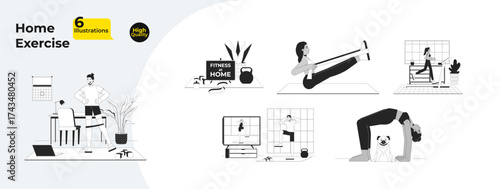 Home exercise outline illustrations mega bundle. Diverse people training with resistance bands, treadmill, stretching workout 2D linear images isolated. Collection black and white vector drawings