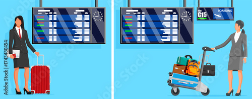 Woman traveler with luggage and suitcase. Businesswoman with airport trolley, passport, ticket. Flight information display. Travel.