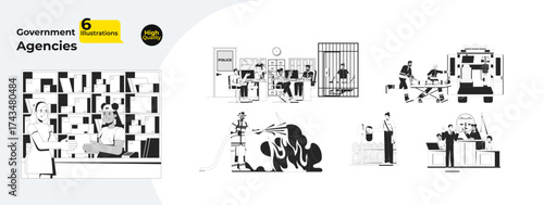 Government agencies, public service outline illustrations mega bundle. Police department, firefighting, court, paramedic ambulance 2D linear images isolated. Collection black and white vector drawings