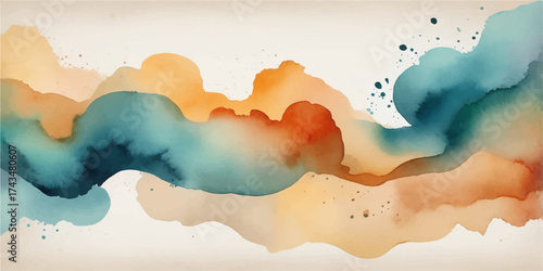 Abstract watercolor hand painted background with ocean waves and sky clouds illustration