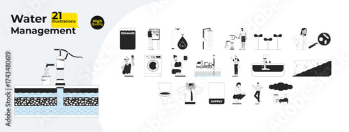 Water management and sustainability outline illustrations mega bundle. Supply demand, recycling, utility, scientific testing 2D linear images isolated. Collection black and white vector drawings