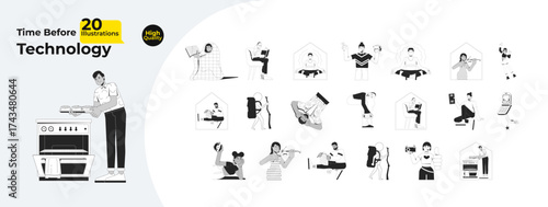 Diverse people enjoying offline hobbies outline illustrations mega bundle. Analog pastimes. Lifestyle before digital technology 2D linear images isolated. Collection black and white vector drawings