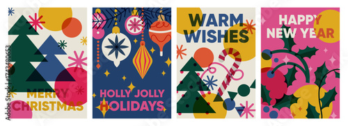 Merry Christmas and Happy New Year, greeting cards set. Festive winter holida...