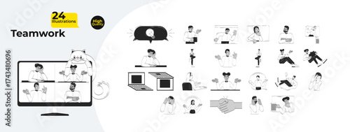 Remote employees teleworking doodle outline illustrations mega bundle. Work from home. Digital tech freelancers. Telecommuting adults 2D linear images. Collection black and white vector hand-drawn