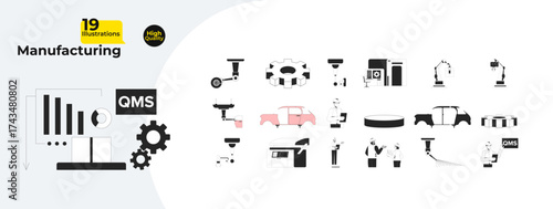 Manufacturing and industrial production process outline illustrations mega bundle. QMS, automotive. Diverse factory workers 2D linear images isolated. Collection black and white vector drawings