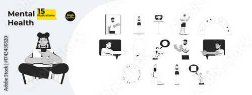 Mental health people and emotional wellbeing outline illustrations mega bundle. Depression, low self-esteem. EQ mind emotions 2D linear images isolated. Collection black and white vector drawings