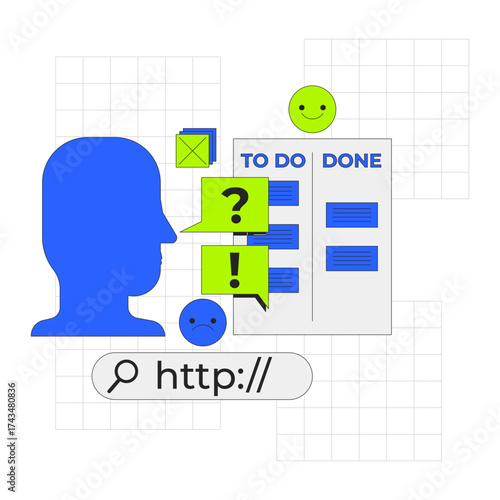 To do list 2D onboarding ui illustration. Kanban board. Web search bar, mood, reminder. Productivity, task management, workflow app cartoon concept isolated on white. Flat abstract vector metaphor