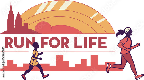 Dynamic runners in vibrant cityscape logo representing fitness, health, and a run for life with energy