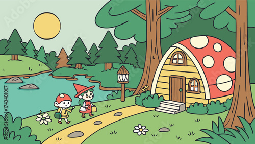 Whimsical woodland adventure unfolds as children journey toward a charming mushroom house with a friendly forest path.