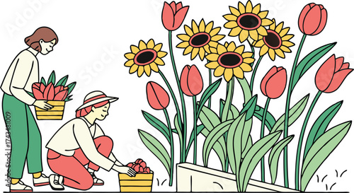 Two women tending a vibrant flower garden, arranging tulips and sunflowers, creating a beautiful scene for spring