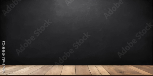 The image depicts a blank interior of an empty room with a wooden wall and dark parquet floor providing a vintage texture