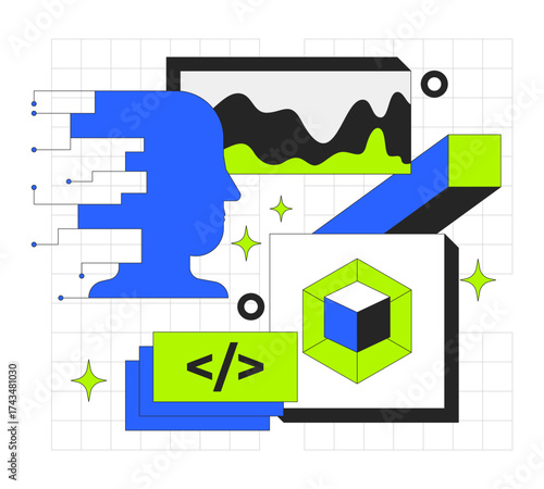 Web development 2D onboarding ui illustration. Tech driven algorithm, coding. Artificial intelligence and data science, programming cartoon concept isolated on white. Flat abstract vector metaphor
