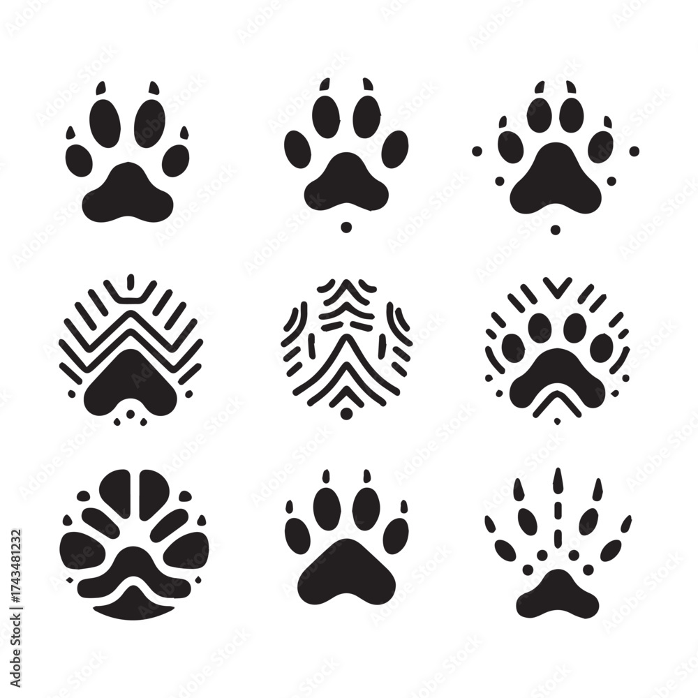 Fototapeta premium Nine Black Silhouette Icons Featuring Animal Paw Prints and Abstract Circular Designs on White Background