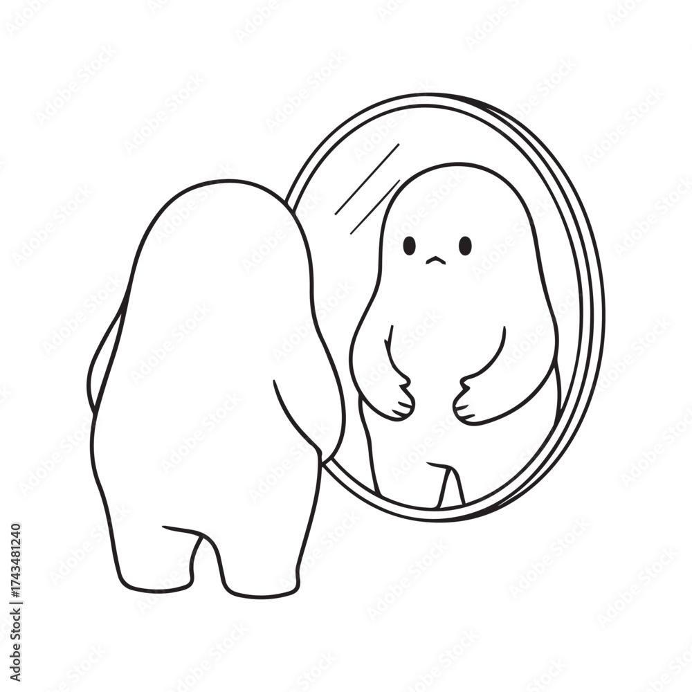 Fototapeta premium Sad character looking in a mirror at their belly, a concept of body image issues, weight insecurity, and low self-esteem, minimalist line art. 