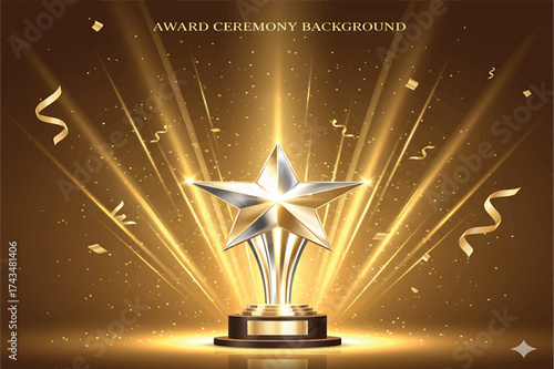 Golden award podium logo design with stars and ribbons