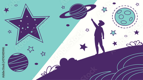 Curious explorer gazing at vibrant planets and stars, dreaming of space exploration and cosmic wonders