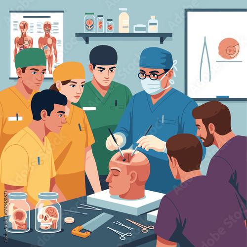 Skilled surgeon and team meticulously perform brain surgery in a medical setting, viewed by medical students for training and education, showcasing expertise