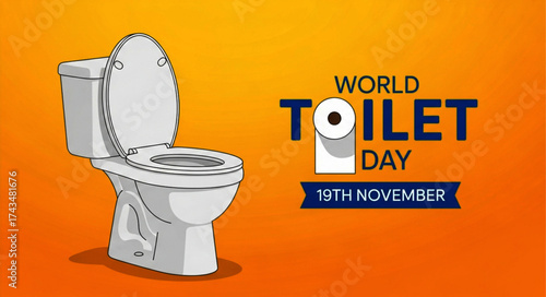 White Ceramic Toilet with Raised Lid, Tank, and Clean Design for World Toilet Day